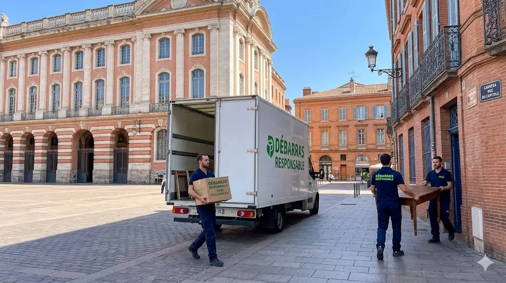 Équipe de Débarras Responsable en action à Toulouse (31), chargeant du mobilier lourd dans un camion blanc devant des bâtiments typiques en briques roses.