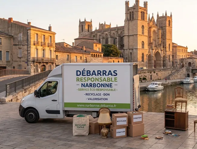 Camion blanc utilitaire de la société Débarras Responsable garé dans une rue typique de Narbonne. Le véhicule affiche les services de débarras éco-responsable, de recyclage et de don.