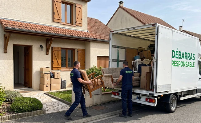Deux professionnels de Débarras Responsable chargeant du mobilier lourd dans un camion blanc devant une maison.
