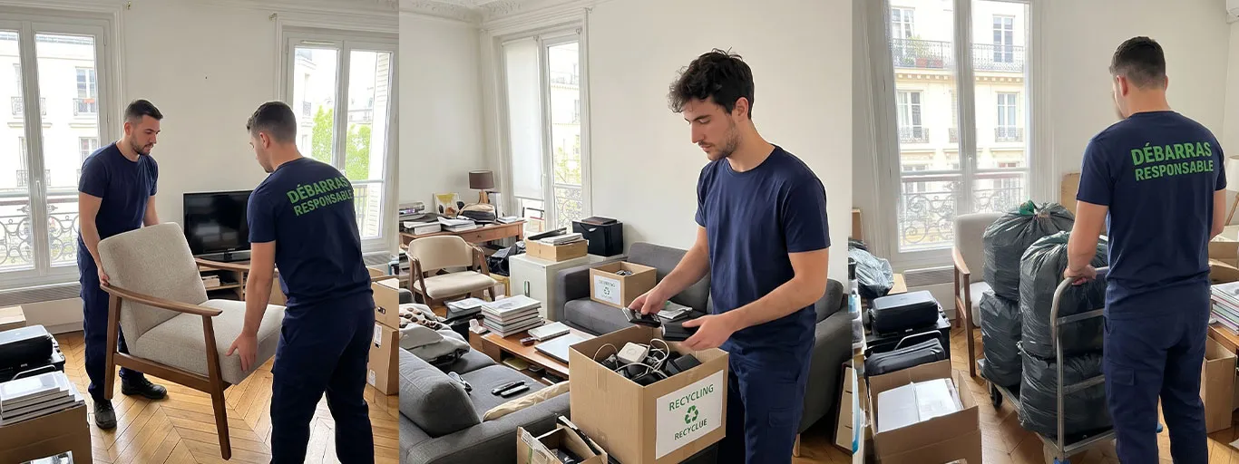 Vue ultra-large candide d'une équipe Débarras Responsable (uniforme bleu, texte vert) coordonnant le vidage et le tri dans un salon d'appartement encombré.