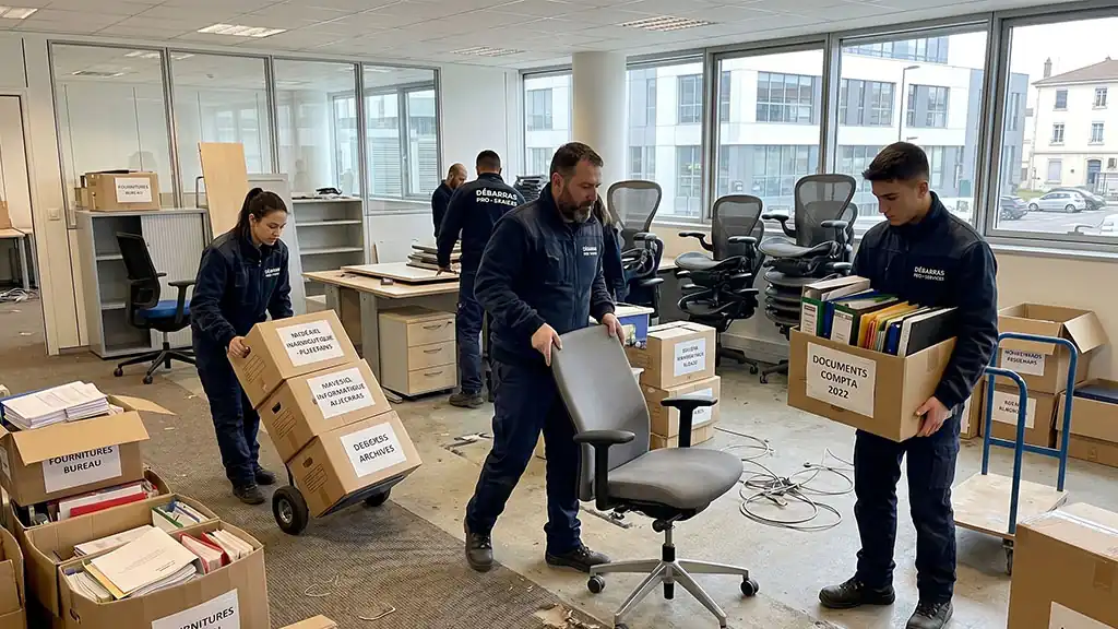 Équipe de professionnels en uniforme vidant un bureau d'entreprise. Manutention de chaises, mobilier et cartons d'archives.