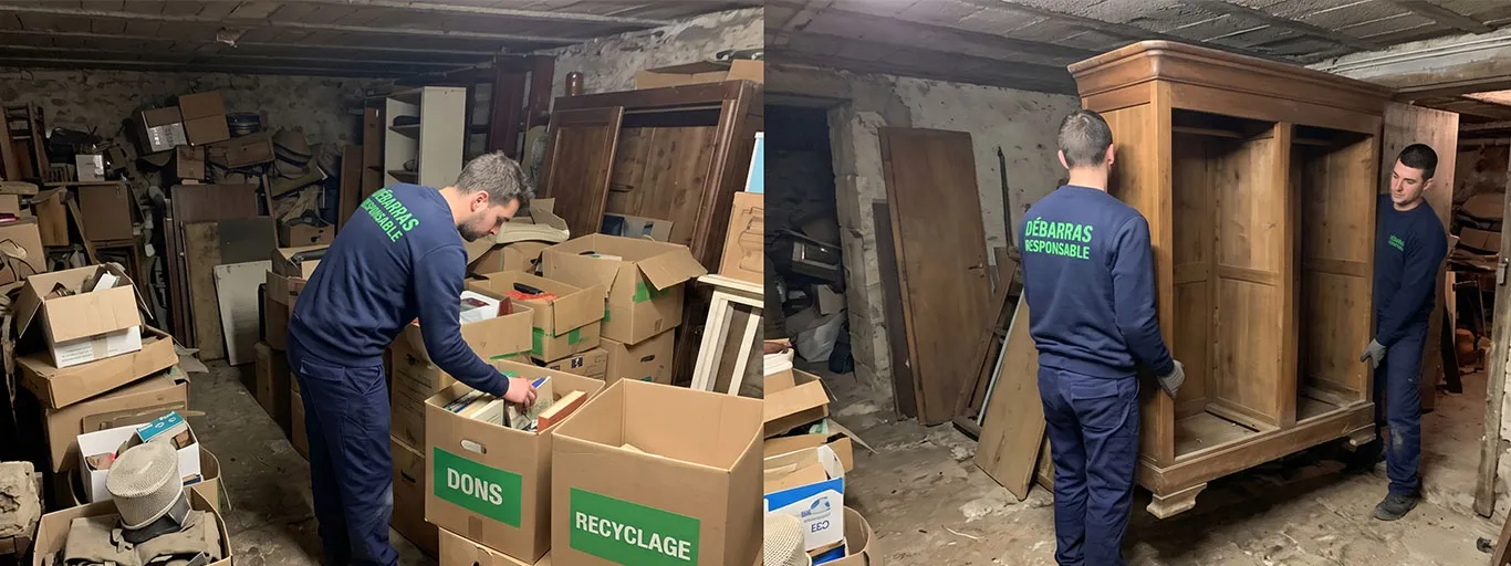 Vue ultra-large candide d'une équipe Débarras Responsable (uniforme bleu, texte vert) coordonnant le vidage et le tri sélectif dans une cave très encombrée et poussiéreuse.