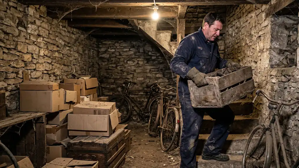 Professionnel vidant une cave sombre et encombrée, manutention d'une caisse en bois dans un escalier étroit.