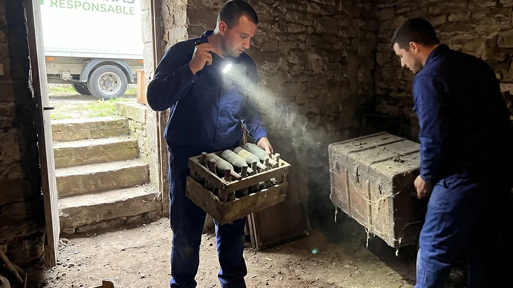 Deux professionnels de Débarras Responsable évacuant des caisses poussiéreuses d'une cave sombre.