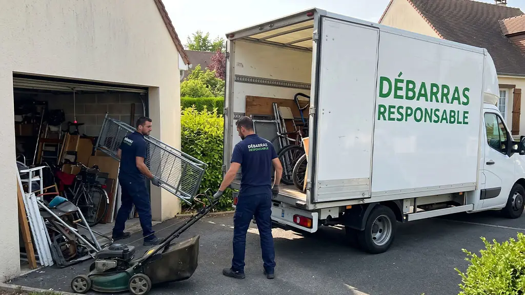 Camion blanc Débarras Responsable ouvert sur une allée, deux ouvriers chargeant des étagères métalliques et de vieux outils d'un garage.
