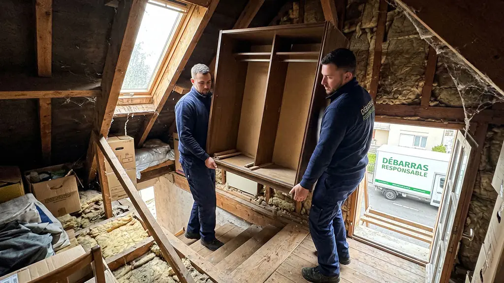 Équipe Débarras Responsable descendant un vieux meuble dismantled d'un grenier étroit via des escaliers en bois.