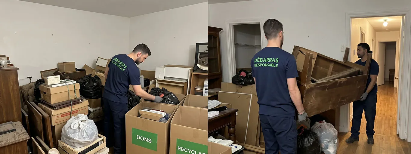 Vue ultra-large candide d’une équipe Débarras Responsable (uniforme bleu, texte vert) coordonnant le vidage, le tri sélectif et le nettoyage approfondi dans un salon d’appartement saturé et insalubre.