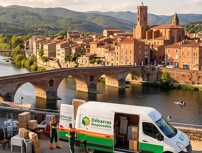 Camion de l'entreprise Débarras Responsable en intervention de vide-maison à Alès avec les Cévennes en arrière-plan.