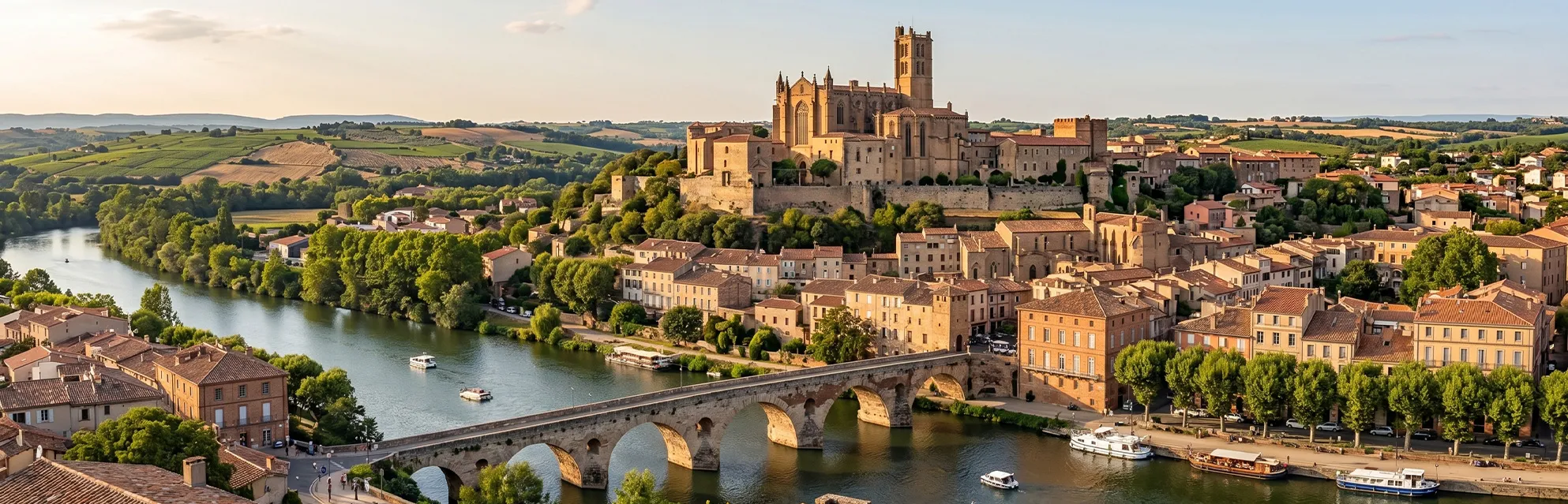 Camion de débarras éco-responsable à Béziers devant le panorama de la cathédrale Saint-Nazaire et du Pont Vieux.