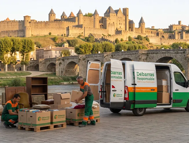 Camion de l'entreprise Débarras Responsable lors d'un vide-maison à Carcassonne, avec vue panoramique sur la Cité Médiévale.