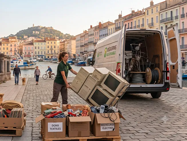 Camion de l'entreprise Débarras Responsable en intervention de vide-appartement à Sète le long des canaux.