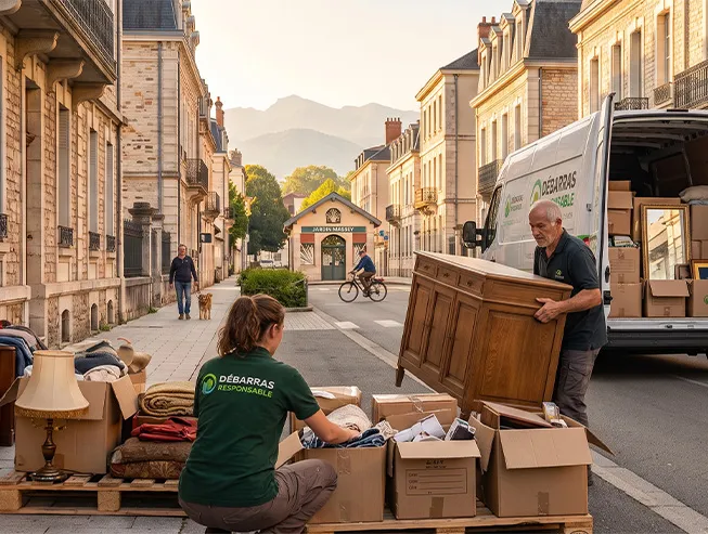 Camion de l'entreprise Débarras Responsable en intervention de vide-maison à Tarbes avec les Pyrénées en arrière-plan.