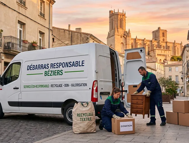 Camion blanc de l'entreprise Débarras Responsable garé devant un immeuble à Béziers. Deux experts en uniforme trient des cartons et du mobilier sur le trottoir pour le recyclage, avec la cathédrale Saint-Nazaire visible en arrière-plan.