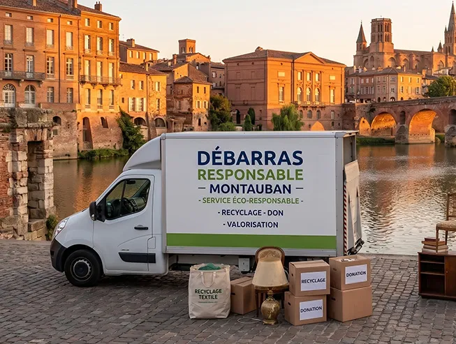Camion blanc de l'entreprise Débarras Responsable garé devant un bâtiment en brique rouge typique de Montauban. Deux professionnels en uniforme trient des cartons et un petit meuble en bois sur le trottoir pour le recyclage et le don, sous une lumière de fin de journée.