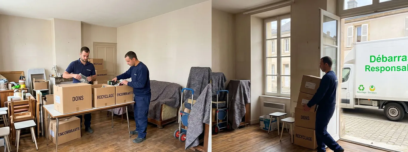 Équipe de professionnels Débarras Responsable évacuant des meubles d'une maison en un seul plan large.