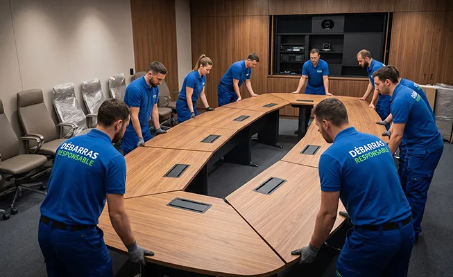 Équipe Débarras Responsable coordonnant le démontage technique d’une grande table de réunion et l’évacuation de chaises ergonomiques.