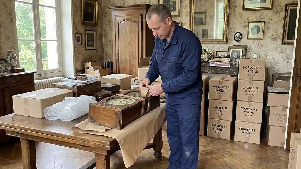 Équipe de débarras professionnelle emballant soigneusement une horloge ancienne dans une vieille maison française pour une succession.