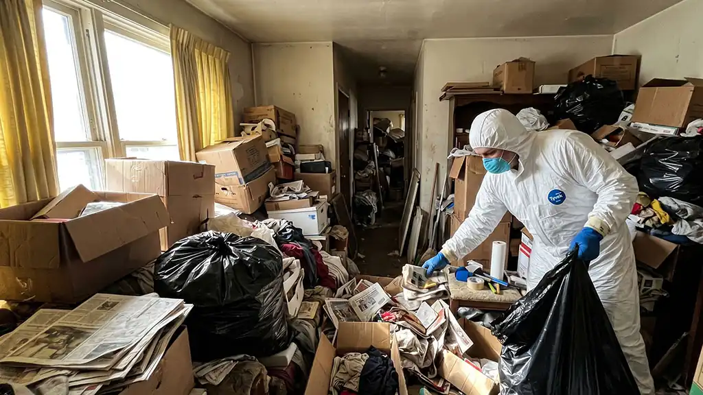 Équipe de débarras en combinaison de protection intervenant dans un logement fortement encombré par le syndrome de Diogène.