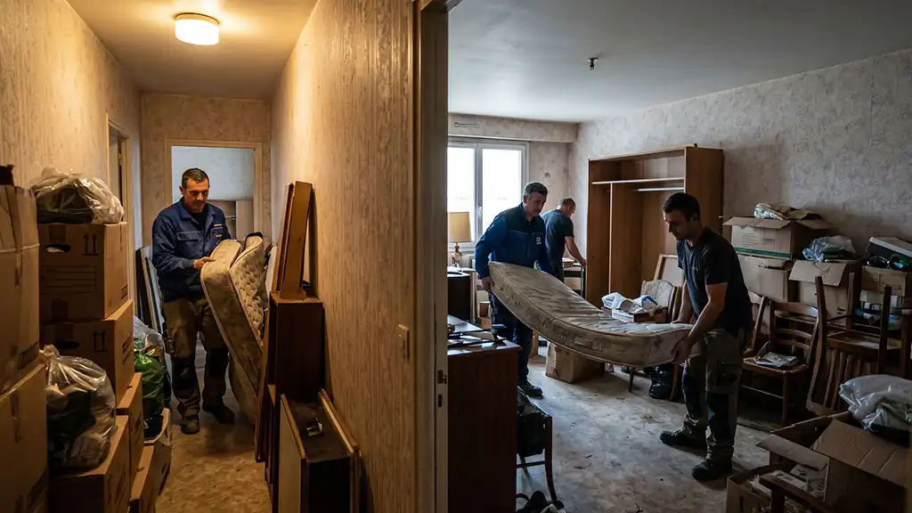 Professionnel du débarras transportant des cartons et petits meubles dans la cage d'escalier étroite d'un appartement.