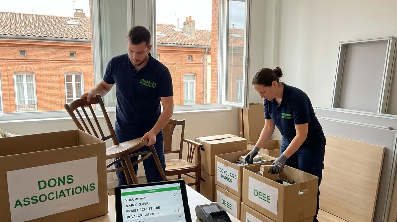 Équipe de Débarras Responsable calculant un devis sur tablette numérique pendant le tri sélectif dans des cartons de dons et recyclage.