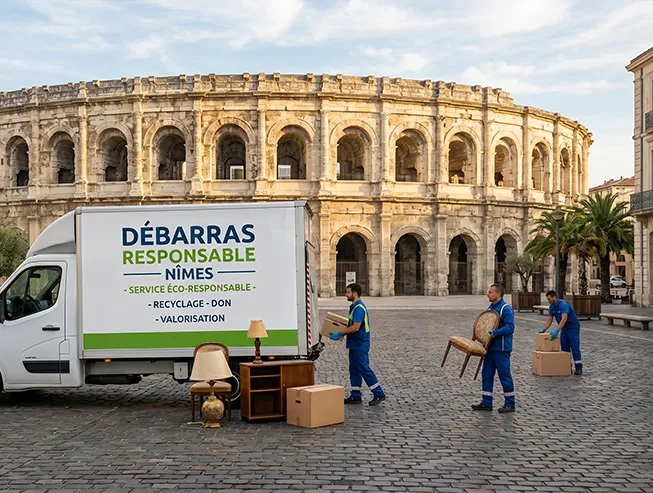 Camion de l'entreprise Débarras Responsable et son équipe chargeant des meubles devant les Arènes de Nîmes pour un recyclage.