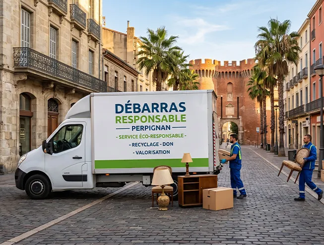 Équipe de professionnels Débarras Responsable chargeant des meubles dans un camion devant le Castillet à Perpignan pour un recyclage éco-responsable.