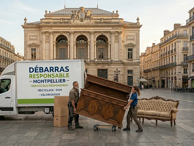 Deux professionnels de Débarras Responsable déplaçant un meuble ancien volumineux sur un chariot vers leur camion devant l'Opéra Comédie à Montpellier.
