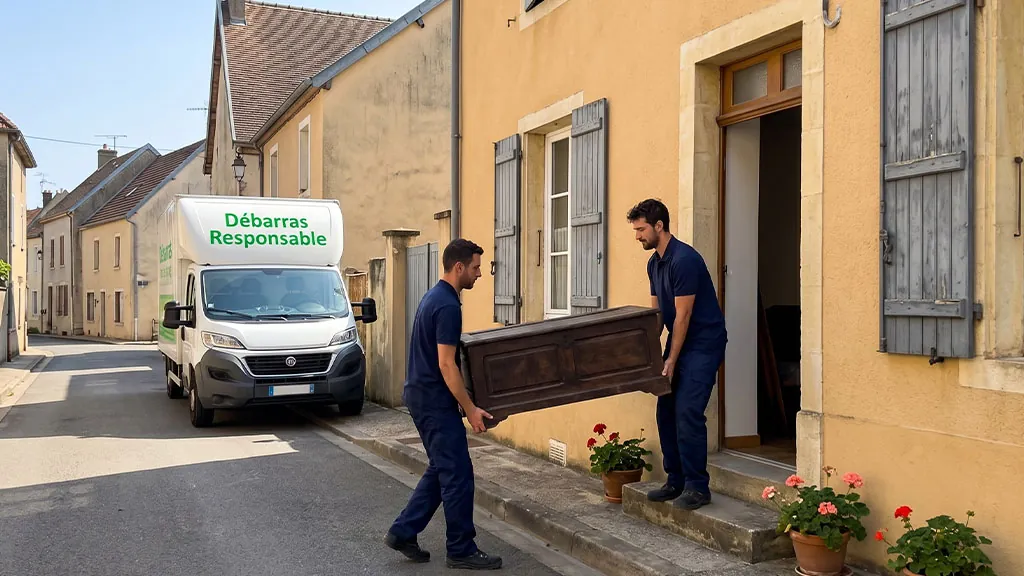 Équipe de professionnels de Débarras Responsable en uniforme bleu sortant un meuble en bois d'une maison, avec leur camion blanc et vert en arrière-plan.