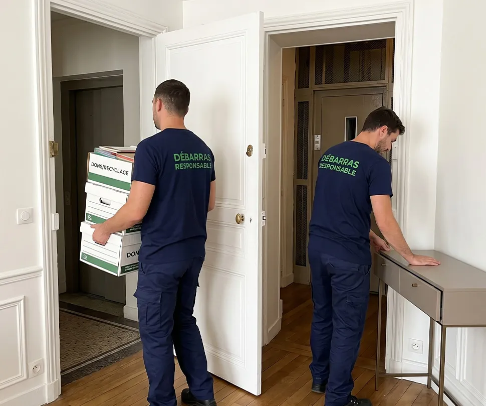 Deux professionnels de Débarras Responsable en uniforme bleu (texte vert) effectuant le tri et la manutention à l'entrée d'un appartement parisien.