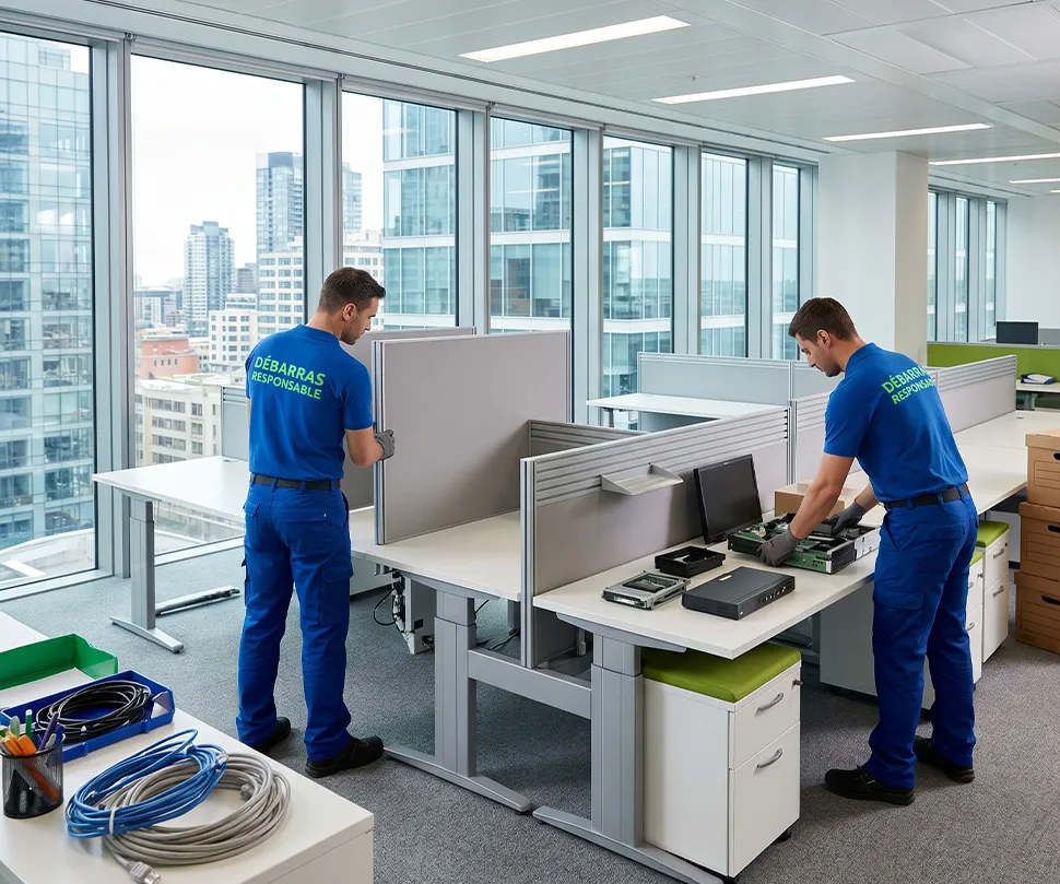 Deux professionnels de Débarras Responsable en uniforme bleu (texte vert) démontant et évacuant du mobilier de bureau modulaire dans un grand open-space urbain.