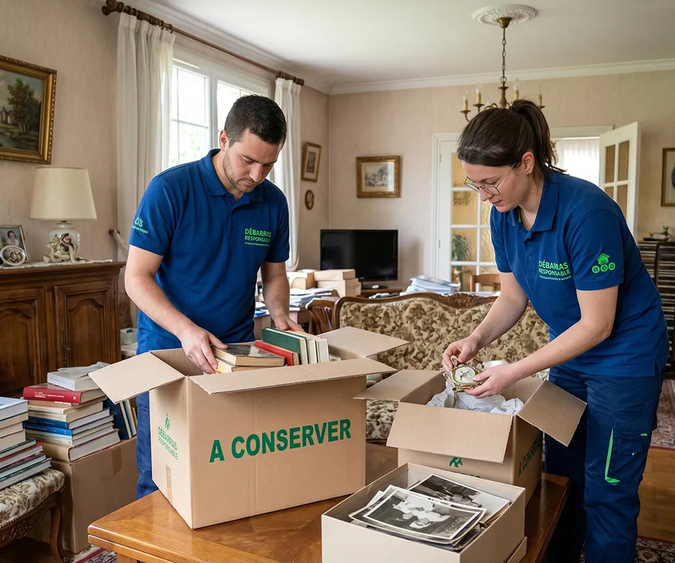 Équipe de Débarras Responsable (uniforme bleu, texte vert) effectuant le tri respectueux et minutieux de souvenirs familiaux dans une chambre d'habitation lors d'une succession.