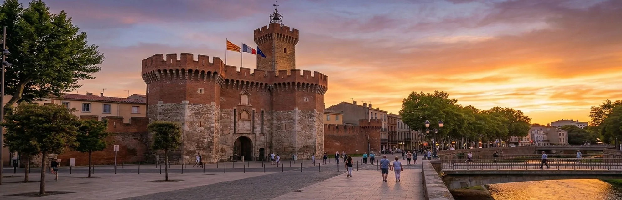 Vue panoramique du Castillet et des quais de la Basse au coucher du soleil à Perpignan.