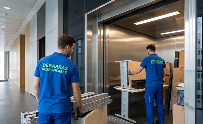Deux professionnels de Débarras Responsable chargeant méticuleusement du mobilier de bureau démonté dans l’ascenseur de service d’un immeuble commercial moderne.