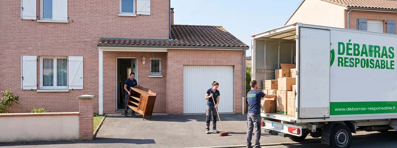Vue d’ensemble ultra-large d’une équipe de Débarras Responsable (uniforme bleu, texte vert) coordonnant la logistique du vidage complet d’une propriété traditionnelle lors d'une succession, du tri intérieur au chargement du camion.