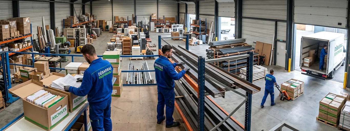 Vue panoramique d’une équipe Débarras Responsable coordonnant le vidage, le tri sélectif et le chargement dans un grand entrepôt commercial encombré.