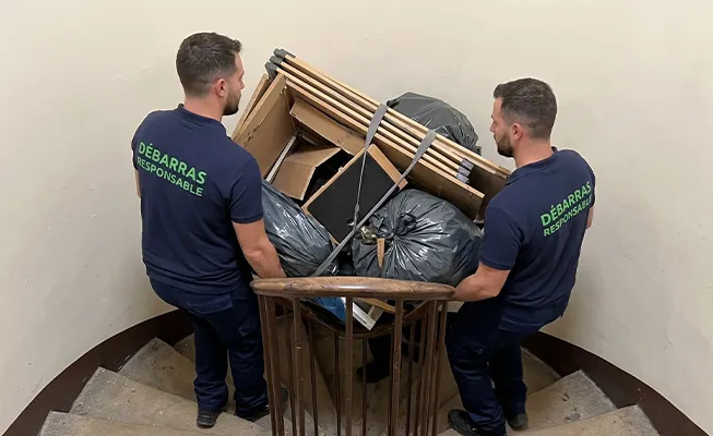 Deux professionnels Débarras Responsable (uniforme bleu, texte vert) descendant en synchro un gros volume de déchets non compactables dans un escalier colimaçon étroit d’un immeuble ancien.
