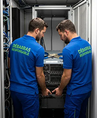 Professionnels de Débarras Responsable manœuvrant délicatement un serveur informatique complexe dans une salle de serveurs commerciale exigüe.