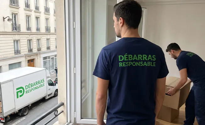 Perspective depuis l'intérieur d'un appartement vers la rue où le camion Débarras Responsable est visible.