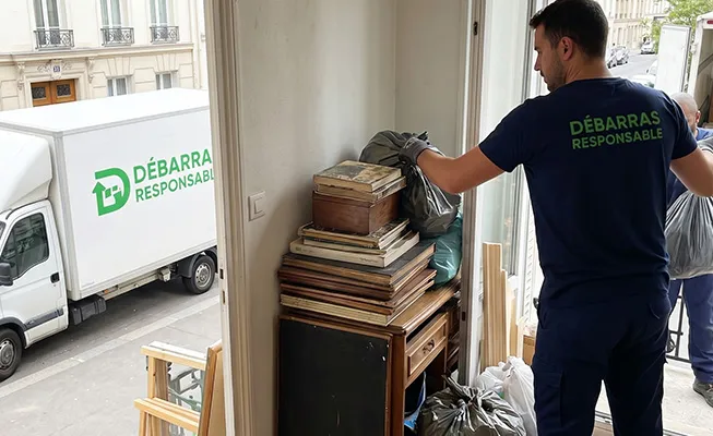 Perspective candide depuis l’intérieur d’un appartement vers la rue où le camion blanc Débarras Responsable (texte vert) est visible, montrant le vidage.