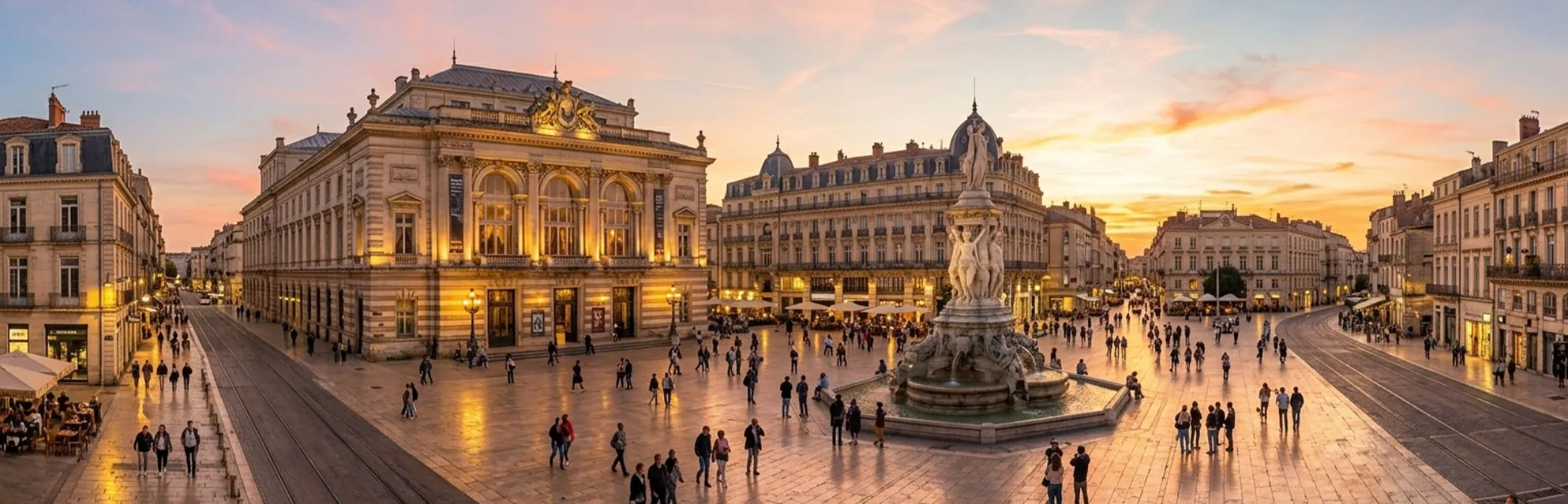 Vue panoramique de la Place de la Comédie et de la Fontaine des Trois Grâces au coucher du soleil à Montpellier.
