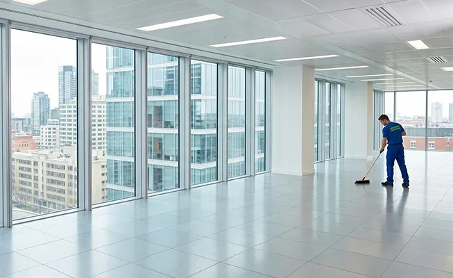 Étage de bureau moderne open-space entièrement vidé, propre, balayé et désinfecté après l’intervention méticuleuse de Débarras Responsable.