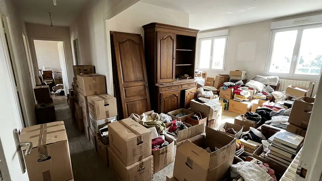 Équipe de professionnels du débarras vidant le salon d'une maison encombrée.