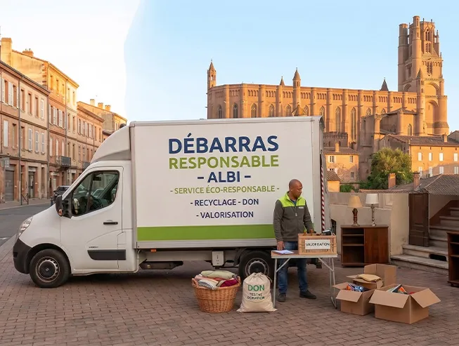 Une camionnette de l'entreprise "Débarras Responsable Albi" garée sur une place pavée à Albi, avec l'imposante Cathédrale Sainte-Cécile en briques rouges en arrière-plan sous un soleil couchant doré. Deux travailleurs, un homme et une femme, trient des meubles et des cartons portant des étiquettes de recyclage et de valorisation.