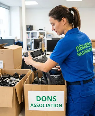 Travailleuse de Débarras Responsable triant des téléphones de bureau fonctionnels dans un carton étiqueté DONS ASSOCIATION dans un bureau commercial.
