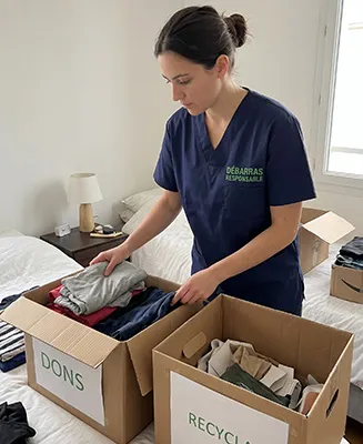 Travailleuse de Débarras Responsable en uniforme bleu (texte vert) triant des vêtements dans un carton étiqueté 'DONS' dans un appartement.