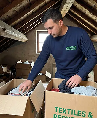 Travailleur de Débarras Responsable en uniforme bleu (texte vert) triant des vêtements anciens dans un carton étiqueté 'TEXTILES & RECYCLAGE' (vert) dans un grenier encombré.