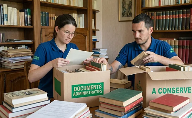 L'équipe de Débarras Responsable (F1 et M1) triant méticuleusement des papiers anciens et des livres dans une bibliothèque familiale dans des cartons étiquetés 'DOCUMENTS ADMINISTRATIFS' et 'A CONSERVER' (marquage vert).